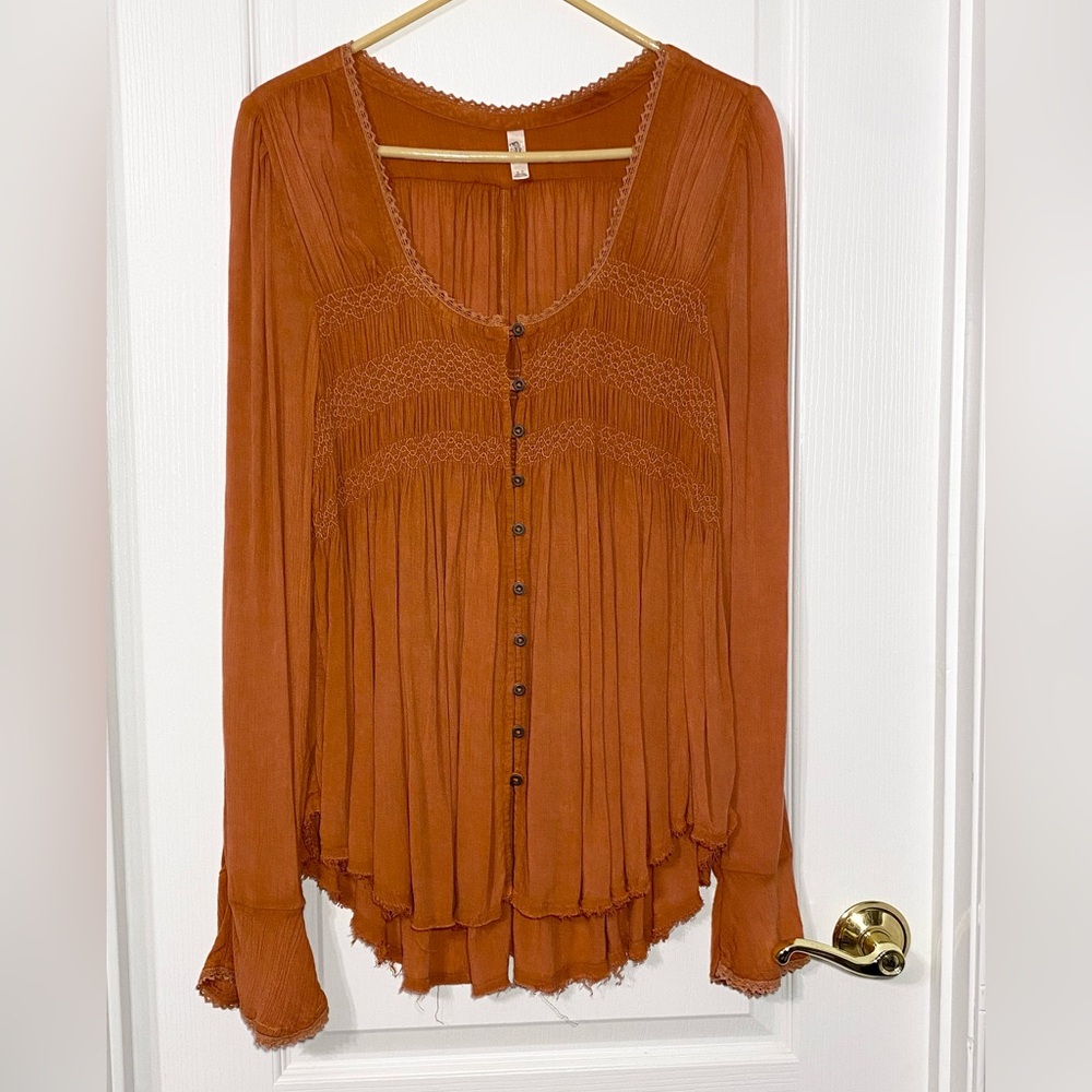 Free People Smocked Bell Sleeve Lace Trim Blouse Terracotta Small